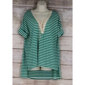 Umgee Womens Sz Medium Large Criss Cross Striped Short Sleeve Tunic Shirt Green